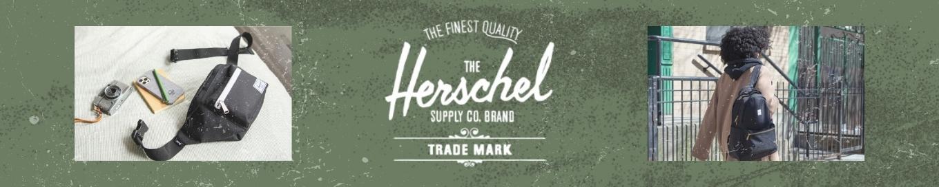 A green banner with the Herschel Supply Co. logo and images of hip packs, backpacks, etc.