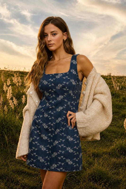 Floral Embroidered Denim Mini Dress - DNM
