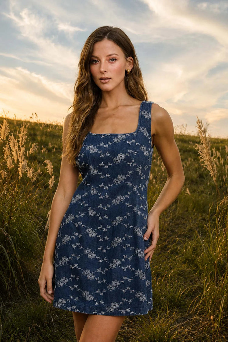 Floral Embroidered Denim Mini Dress - DNM