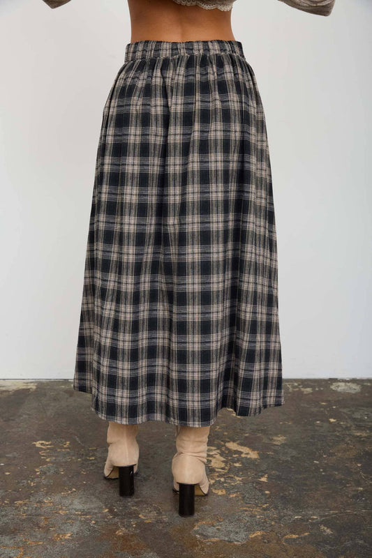 Plaid Pleated Midi Skirt - BLK
