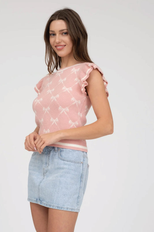 Bow Ruffle Knit Top - PNK