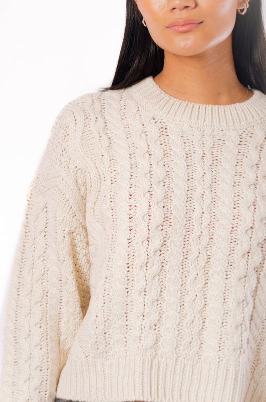 Cable Knit Crew Sweater - WHT