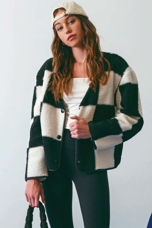 Checkered Fleece Jacket - BLK