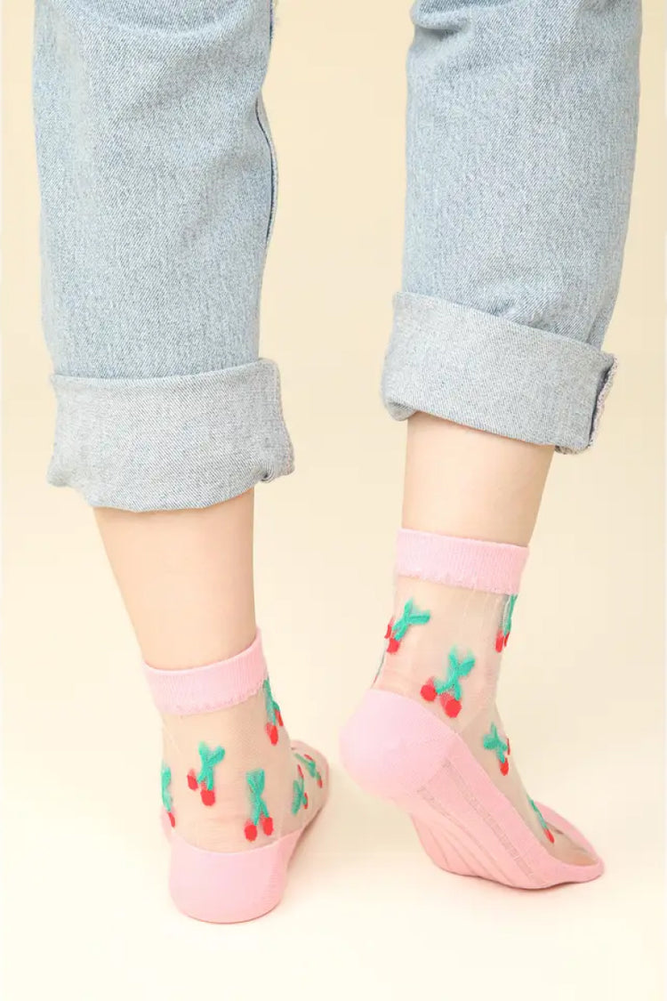 Cherry Embroidered Mesh Socks - PNK