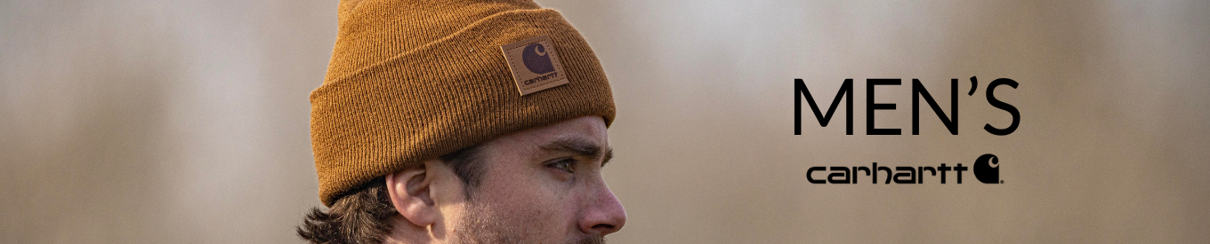 Shop men's Carhartt at Below The Belt. Man wearing a Carhartt beanie with logo.