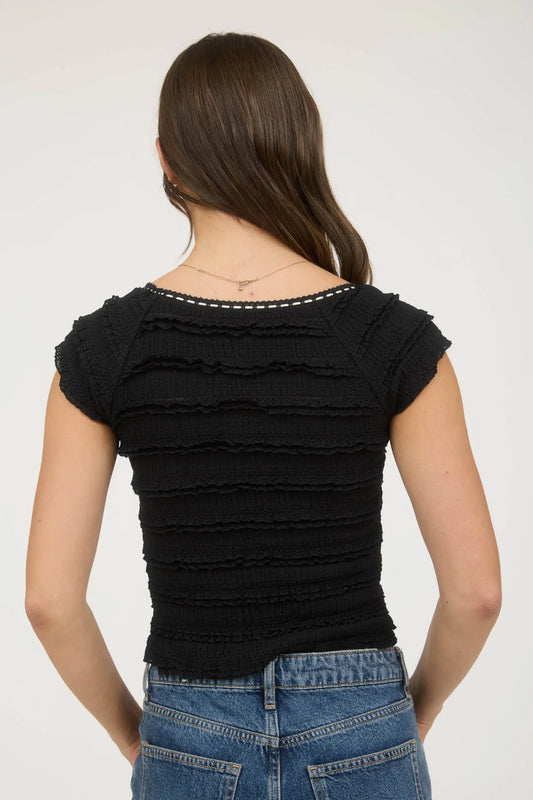 Country Lyric Ruffle Top - BLK