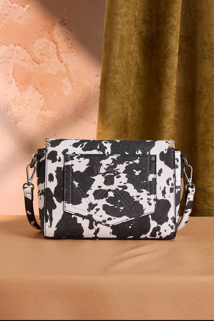 Cow Print Fringe Crossbody Bag - BLK