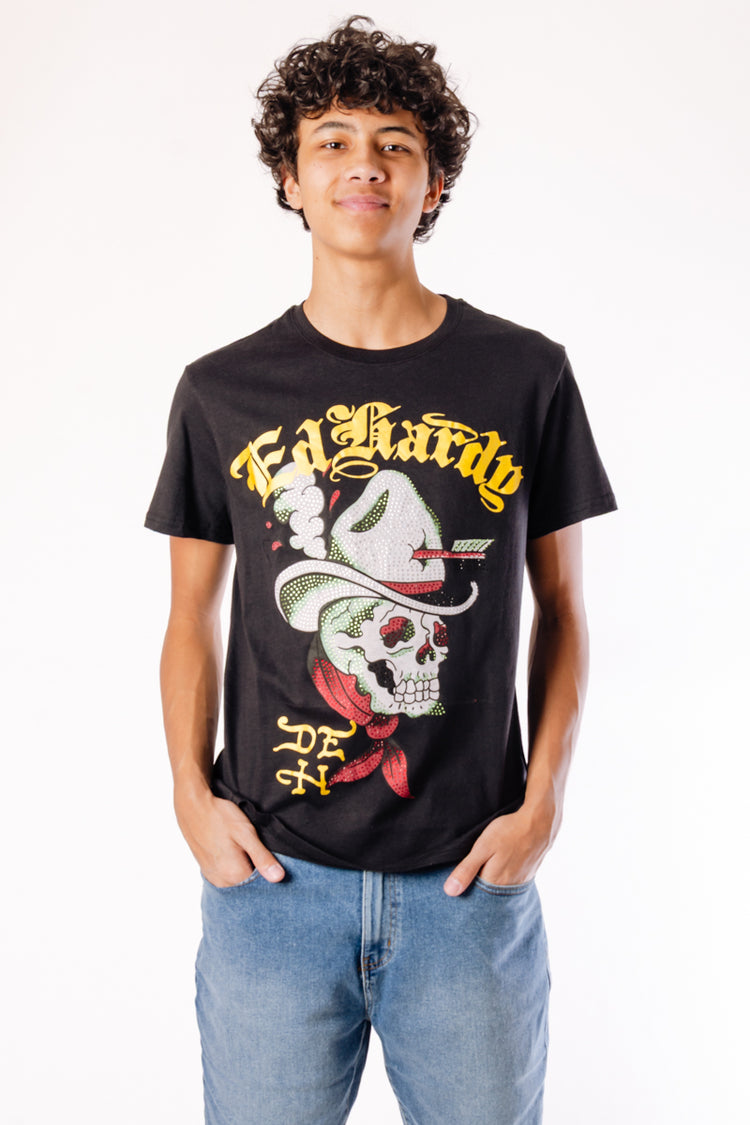 Cowboy Skull Rhinestone Tee - BLK