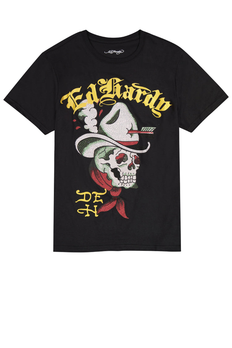 Cowboy Skull Rhinestone Tee - BLK