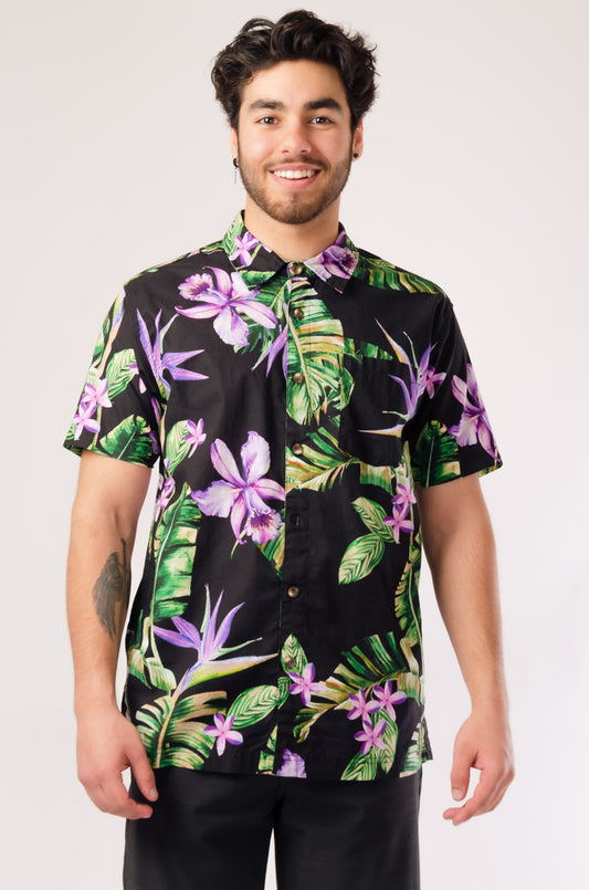 Purple Hawaiian Short Sleeve Shirt - BLK