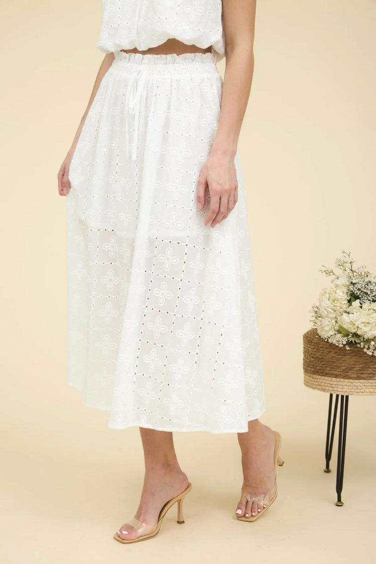 Eyelet Ruffle Midi Skirt - WHT