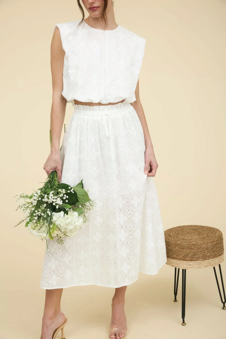 Eyelet Ruffle Midi Skirt - WHT