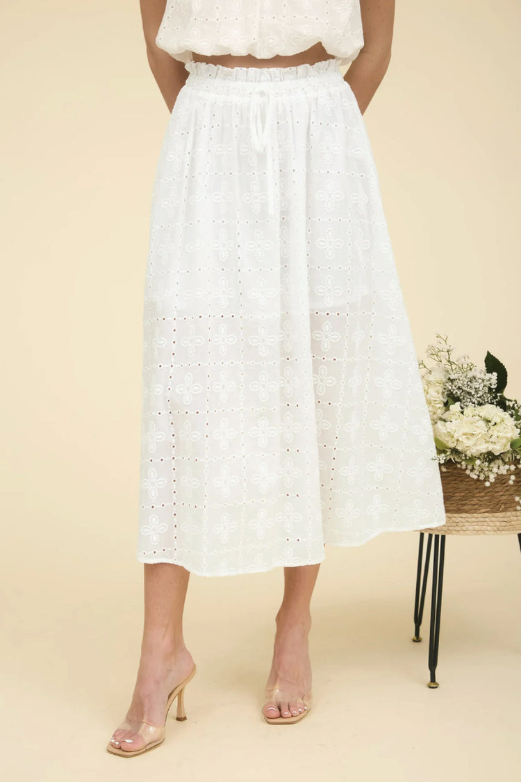 Eyelet Ruffle Midi Skirt - WHT