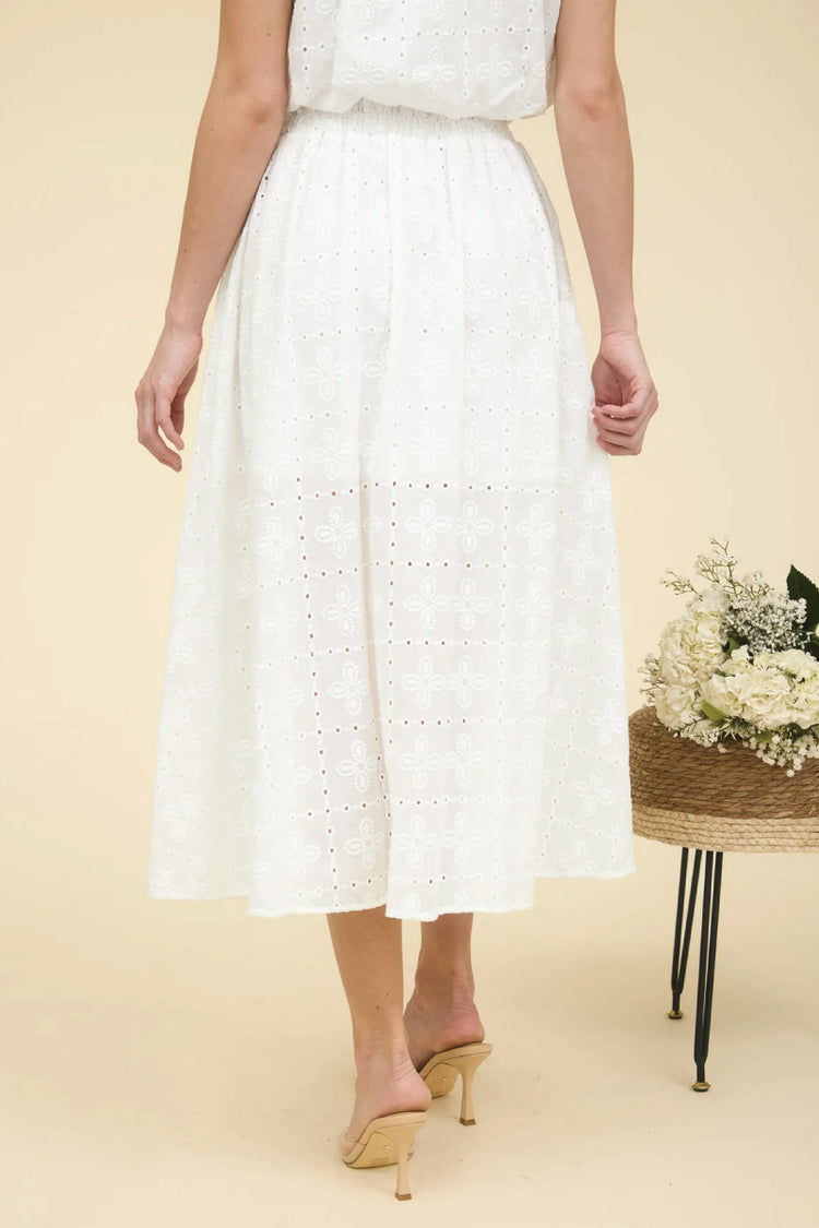 Eyelet Ruffle Midi Skirt - WHT