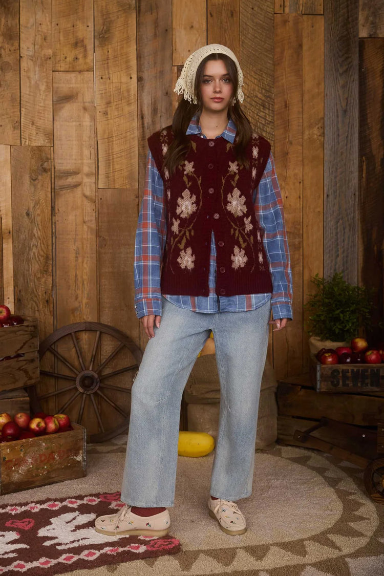 Floral Embroider Sweater Vest - BUR