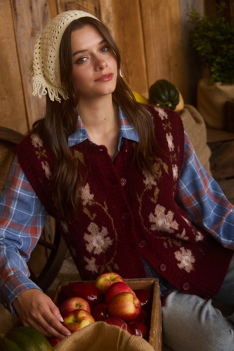 Floral Embroider Sweater Vest - BUR