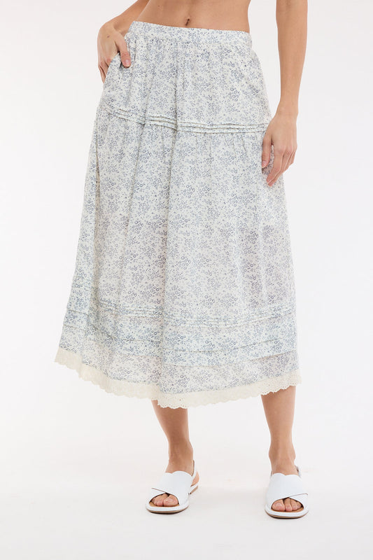 Floral Lace Trim Midi Skirt - NVY