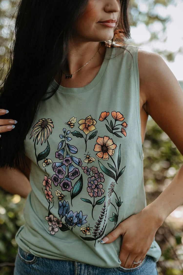 Flowers & Bees Muscle Tank - GRN