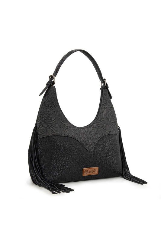 Fringe Floral Tooled Hobo - BLK