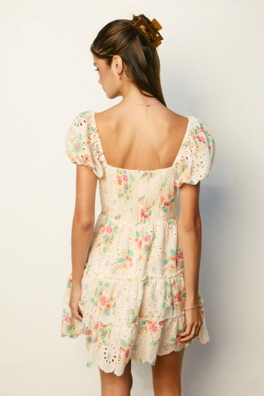Frolicking Florals Mini Dress - White