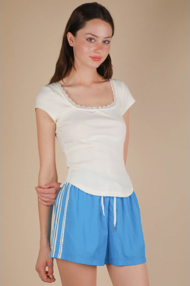 Lace & Bow Ribbed Top - WHT