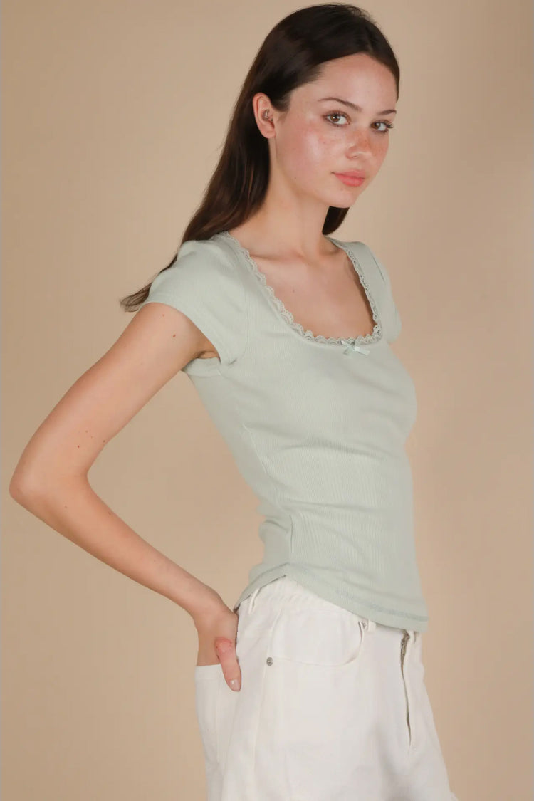 Lace & Bow Ribbed Top - SAG