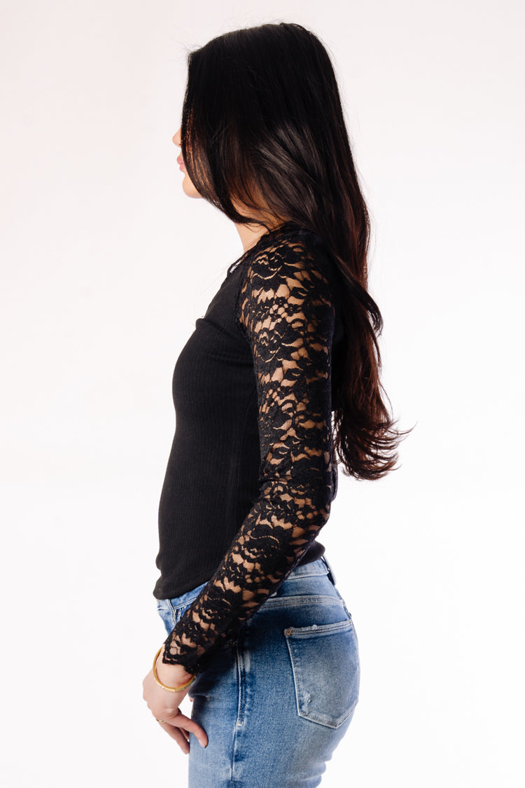 Lace Trim V-Neck Top - BLK