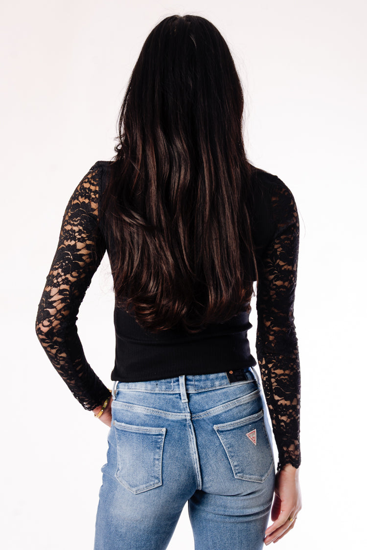Lace Trim V-Neck Top - BLK