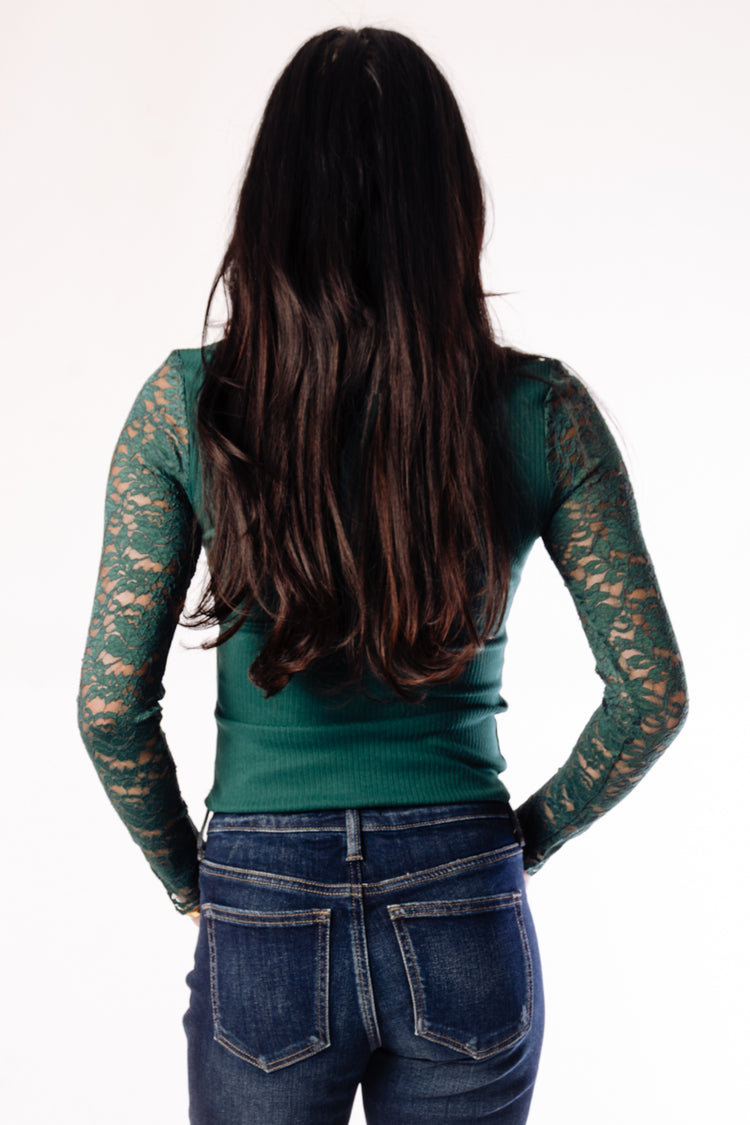 Lace Trim V-Neck Top - GRN