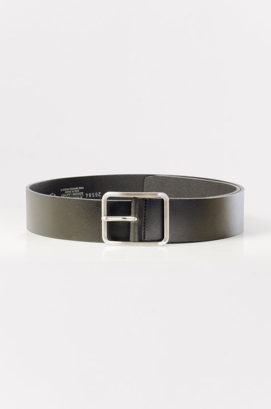 Leather Belt with Nickel Buckle - BLK