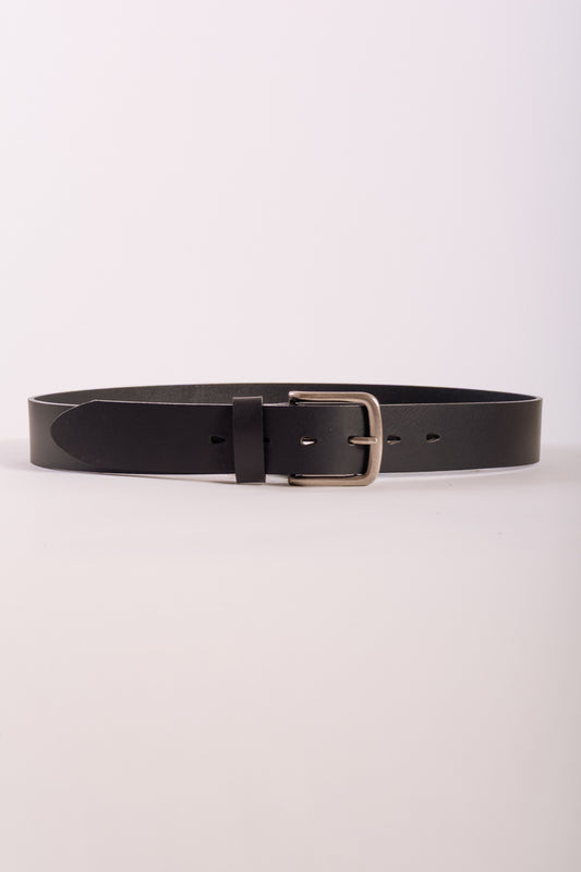 Leather Belt with Nickel Buckle - BLK