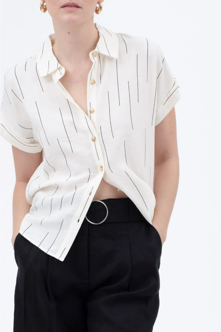 Line Print Short Sleeve Shirt - CRM