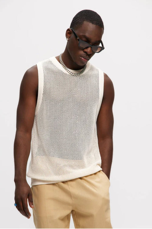Mesh Knitted Tank Top - White
