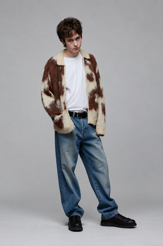 Cow Pattern Zip Sweater - COW