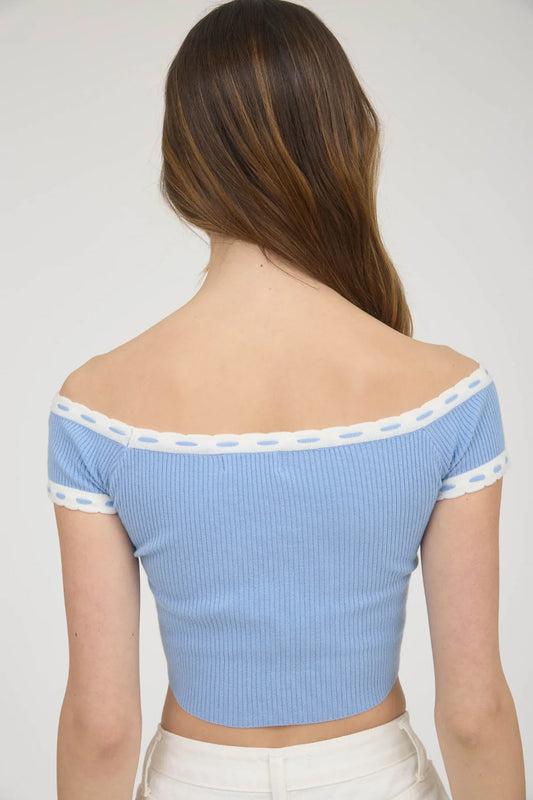 Off-Shoulder Knit Crop Top - BLU