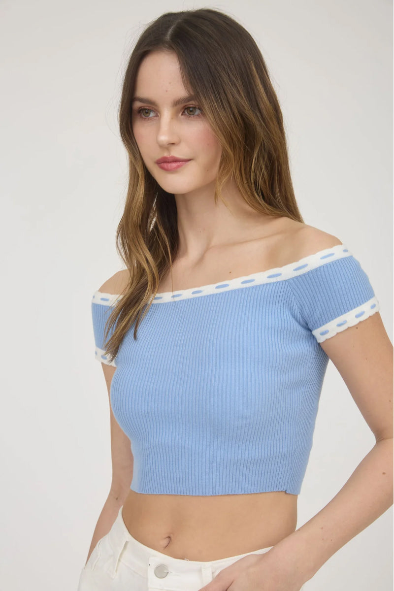 Off-Shoulder Knit Crop Top - BLU