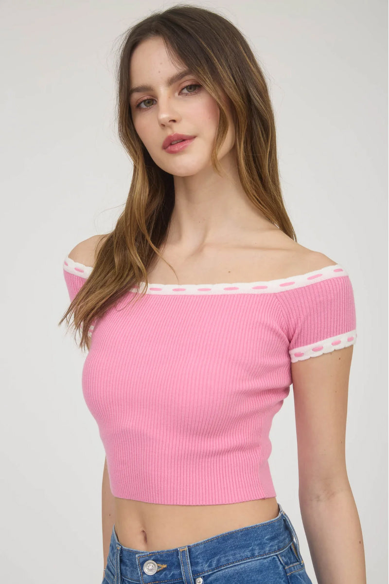 Off-Shoulder Knit Crop Top - PNK