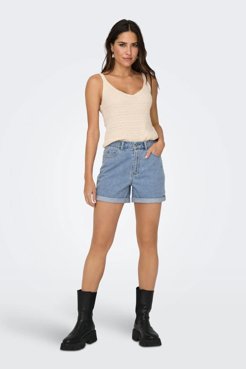 ONLY Women's Onlvega High Waisted Denim Mom Shorts Below The
