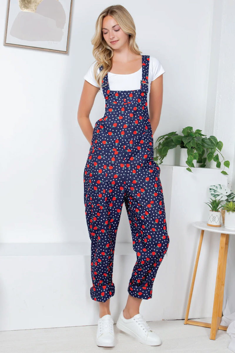 Retro Strawberry Corduroy Overalls - NVY