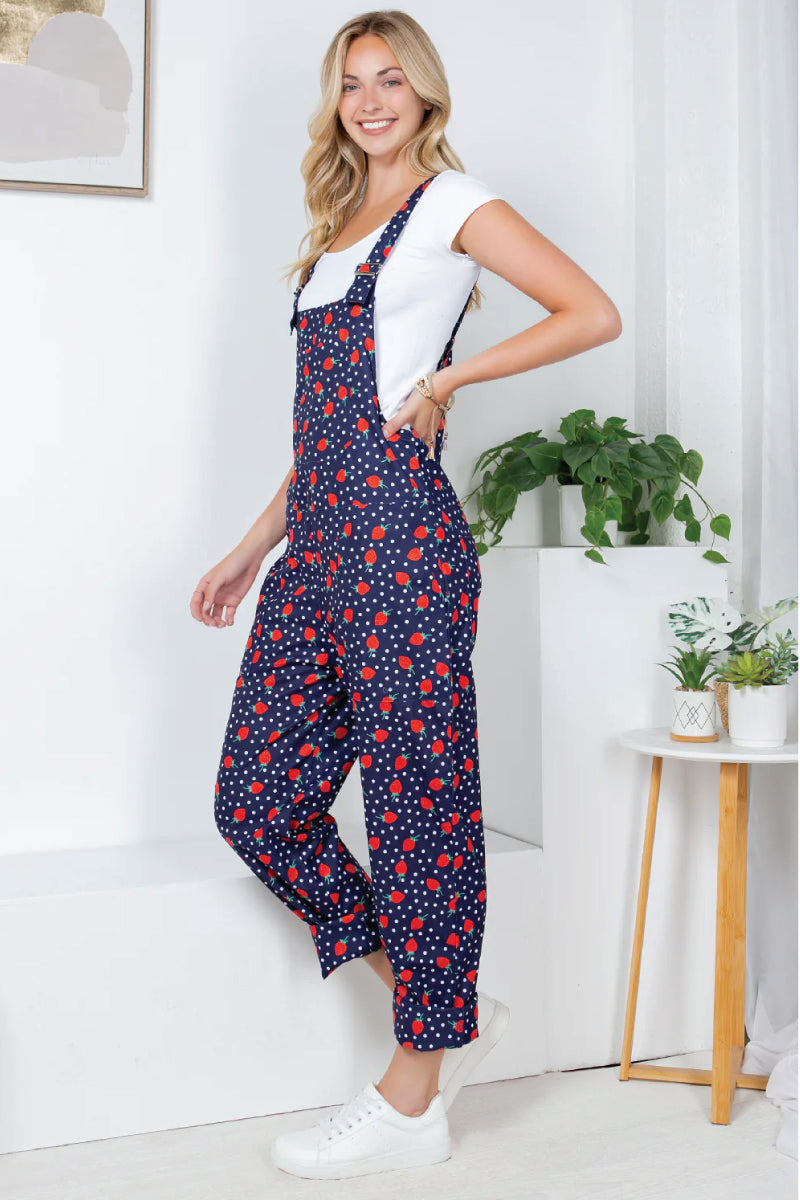 Retro Strawberry Corduroy Overalls - NVY