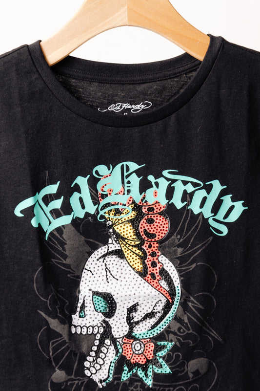 Skull Butterfly Rhinestone Baby Tee - BLK