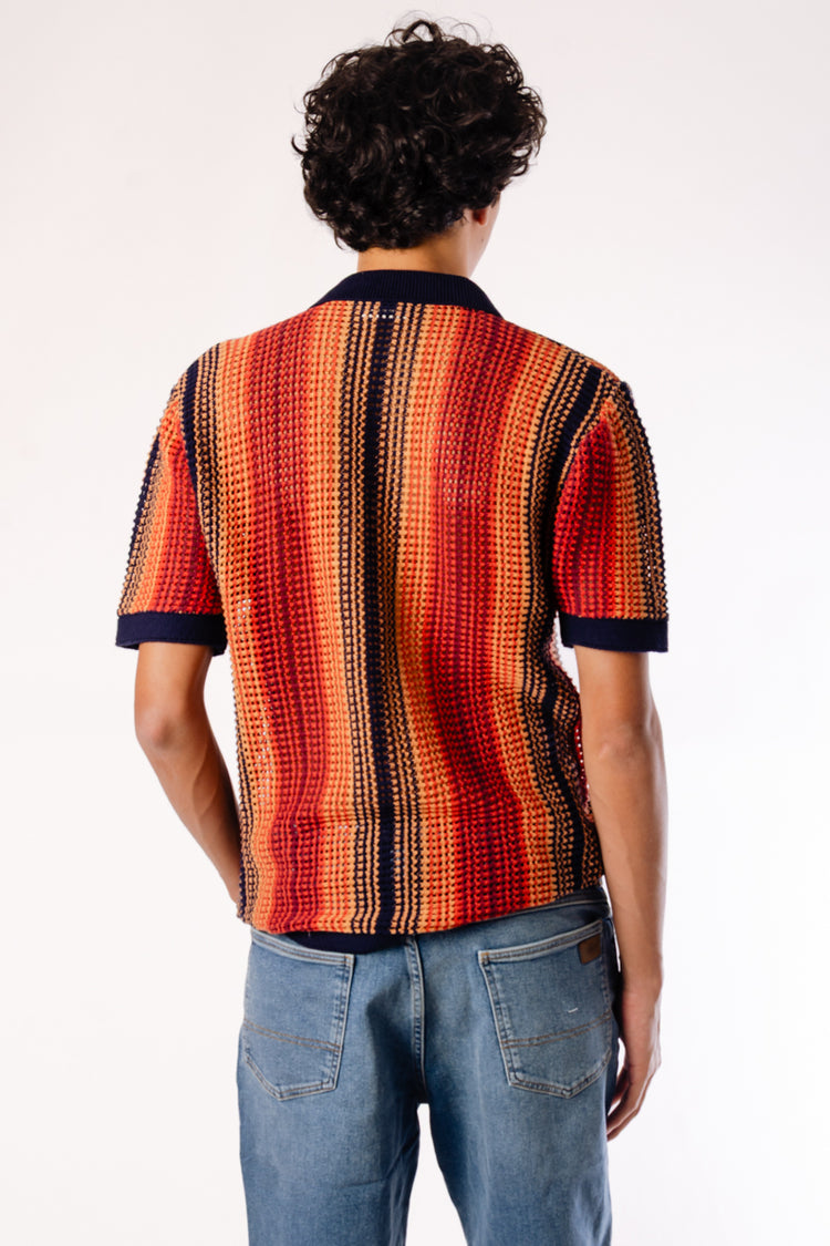 Stripe Crochet Button Up Shirt - NVY