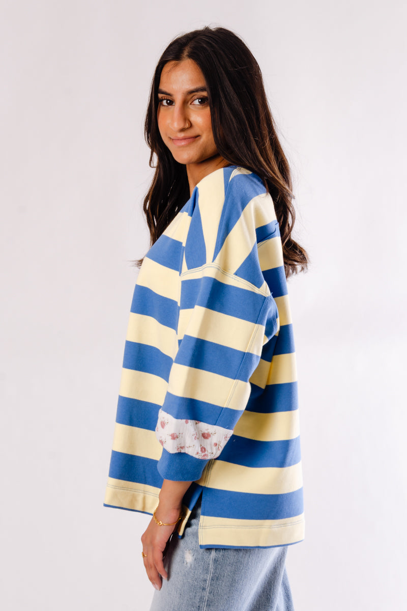 Stripe Floral Contrast Sleeve Tee - YLB