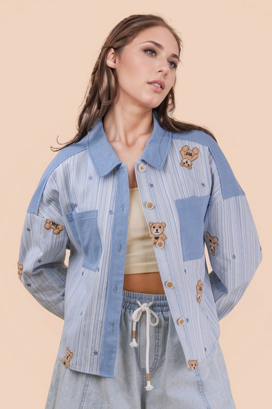 Teddy Bear Patch Shacket - BLU
