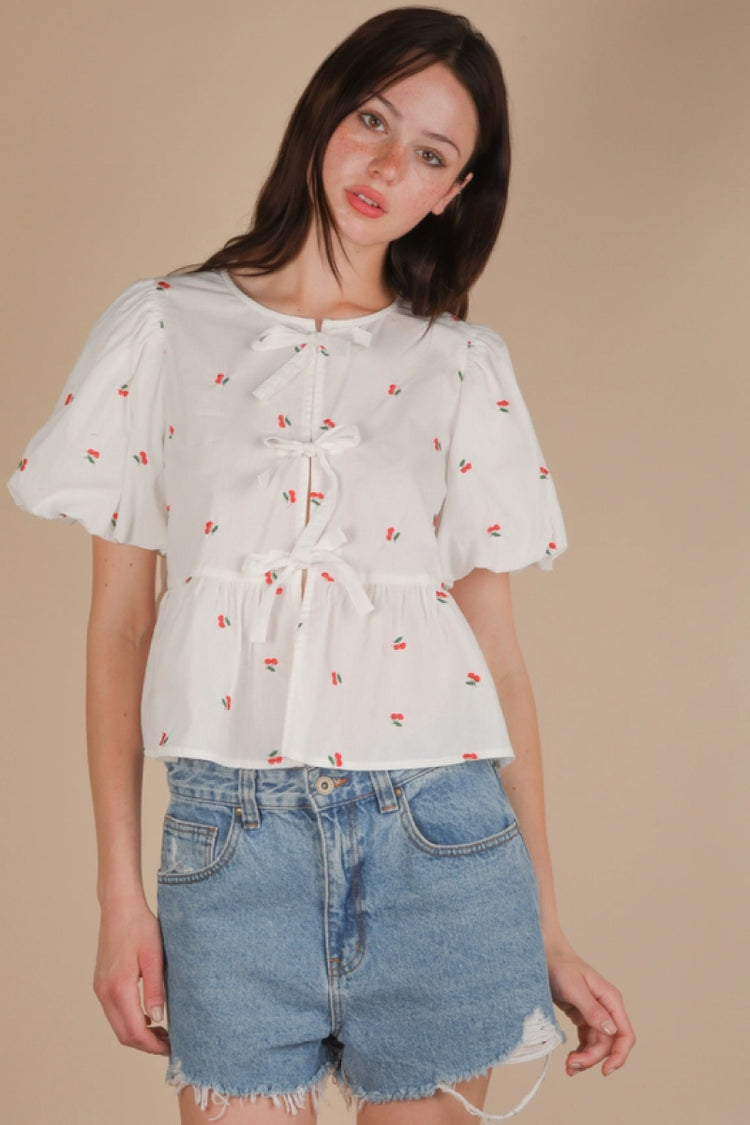 Tie Front Cherry Blouse - WHT