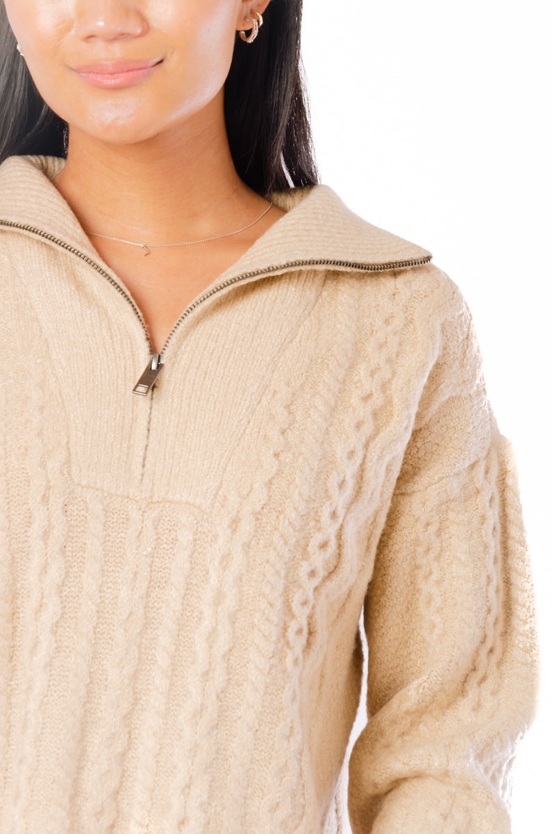 1/4 Zip Cable Knit Sweater - CRM