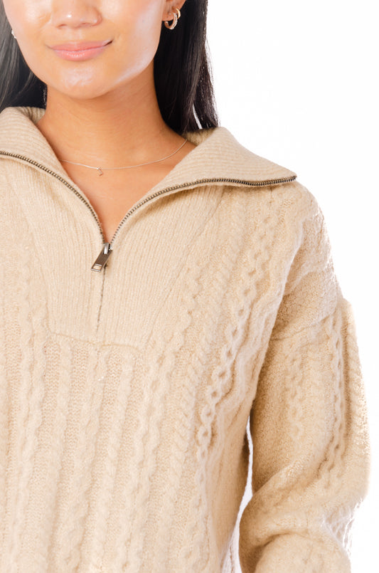 1/4 Zip Cable Knit Sweater - CRM