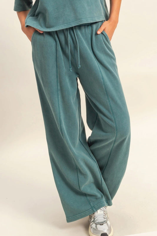 Acid Wash Wide Leg Sweatpants - TEA