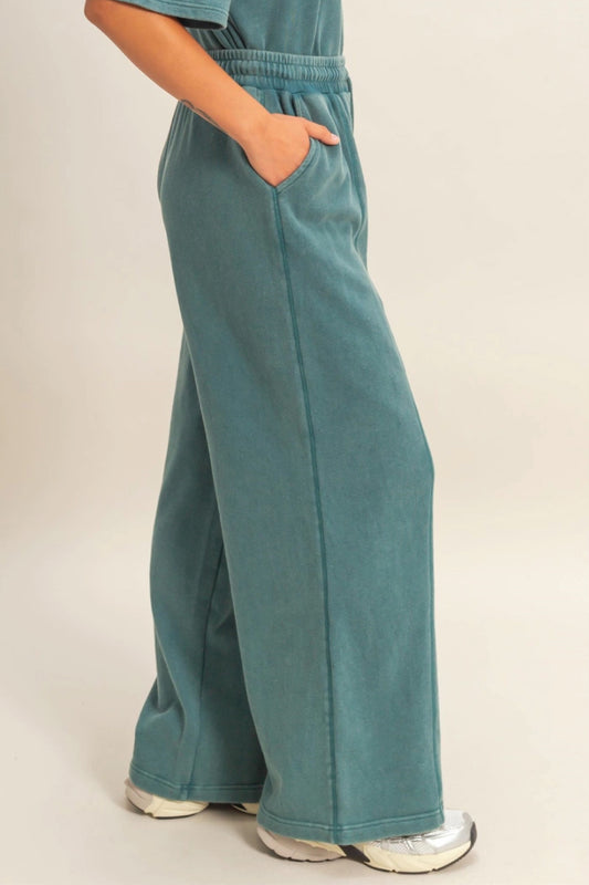 Acid Wash Wide Leg Sweatpants - TEA