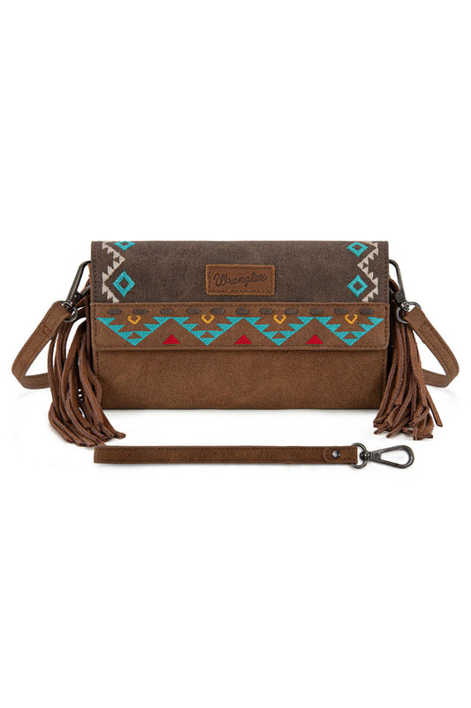 Aztec Embroidered Fringe Wallet Crossbody - BRN